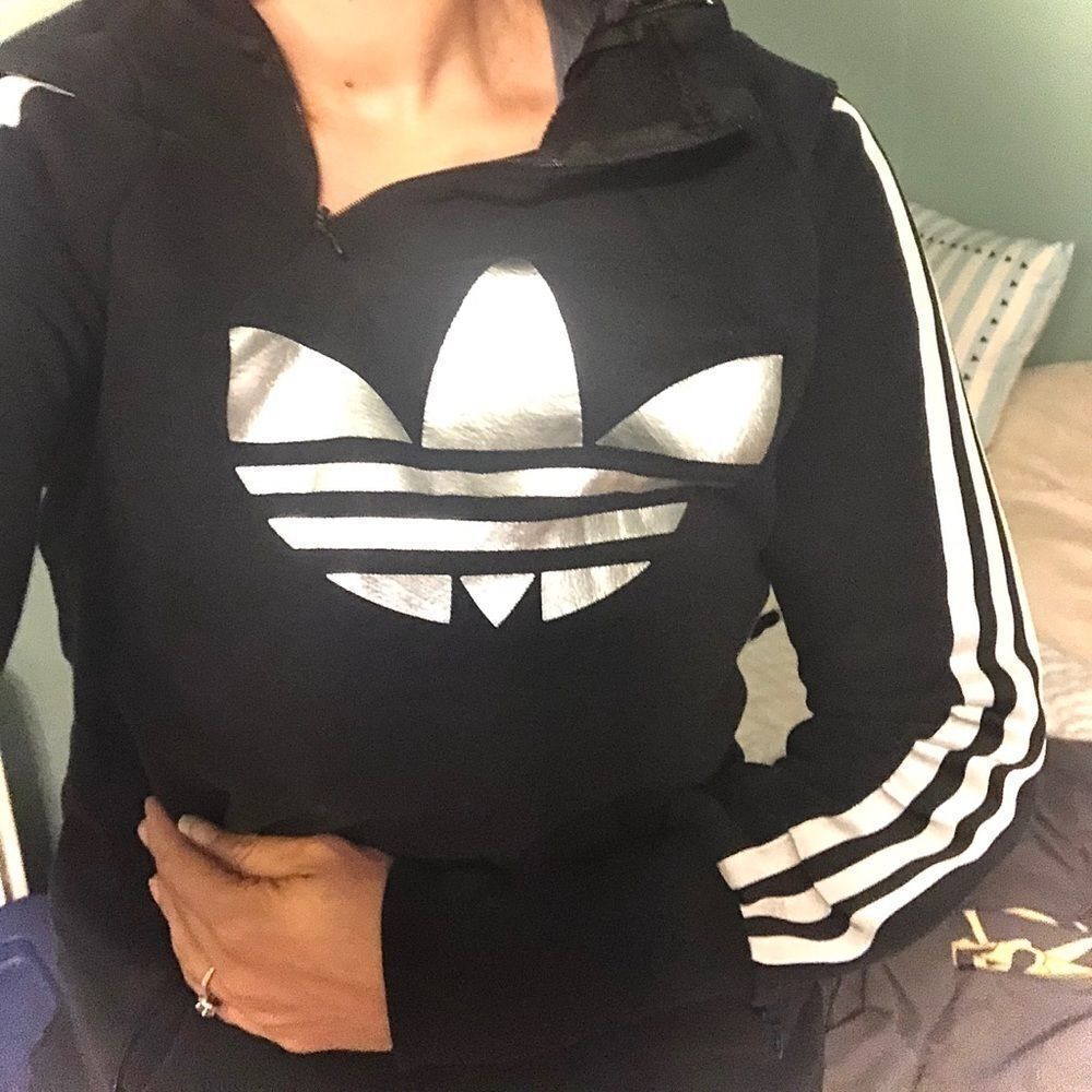 Adidas Originals Trefoil Hoodie  Black Silver 3-Stripe Women's Size small